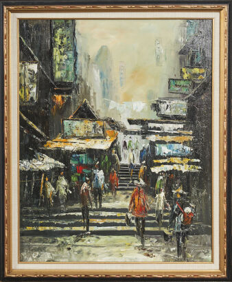 YW LAU Hong Kong Street Scene Oil On Canvas