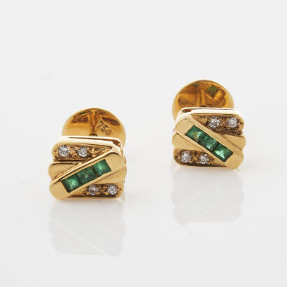 18ct Yellow Gold, Emerald and Diamond Stud Earrings