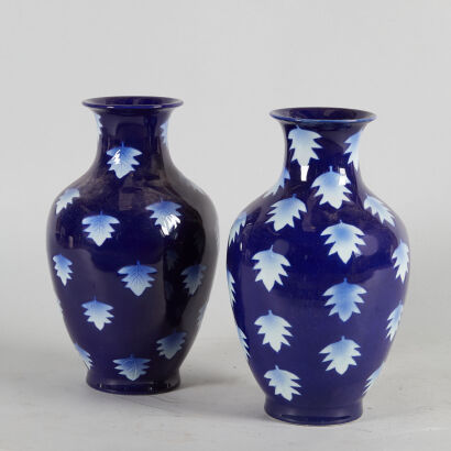 A Pair of Chinese Blue-Glazed Vases with Leaves Pattern