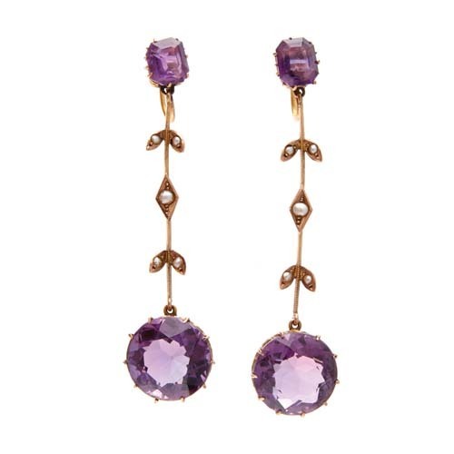 9ct Late Victorian Amethyst and Seed Pearl Drop Earrings *