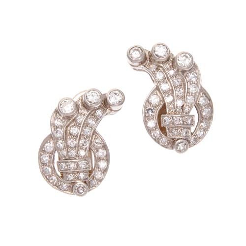 Platinum Art Deco Cornucopia Diamond Earrings *