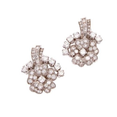 Platinum Art Deco Diamond Flower Brooch/Earrings *