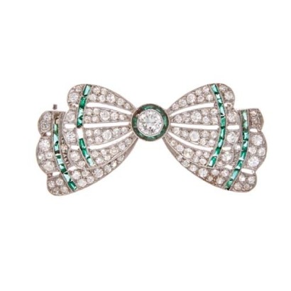 Platinum Art Deco Diamond and Emerald Bow Brooch *