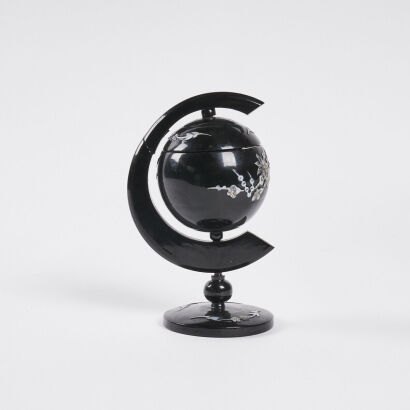 A Black Lacquered Vintage Ashtray With Detailed Inlay