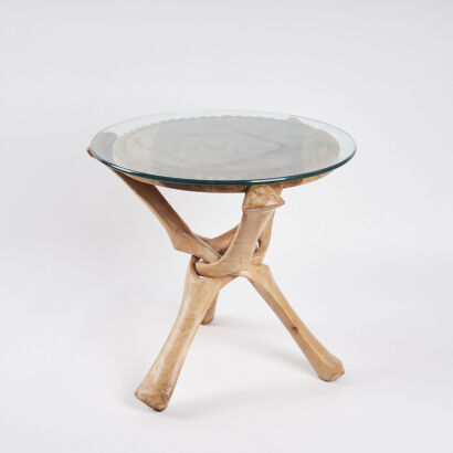 A Hand Carved Tripod Side Table with a Glass Top