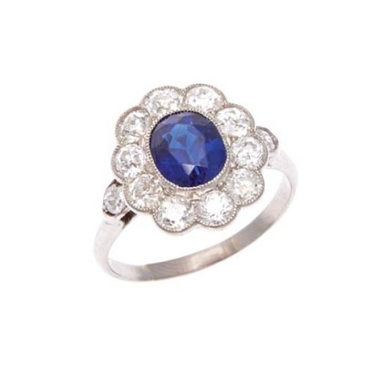 Platinum Sapphire and Diamond Cluster Ring