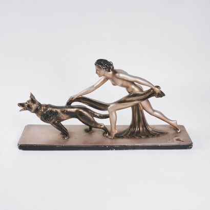 A Large Deco Statue Of Diana With Her Dog