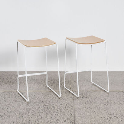 A Pair of Cintesi Bar Stools White Frame With Plywood Seat