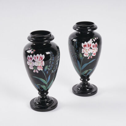 A Pair Of Beautiful Vintage Hand-Painted Black Glass Vases