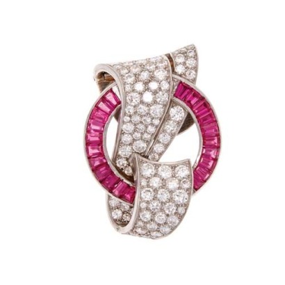 Platinum Syn Ruby and Diamond Brooch *