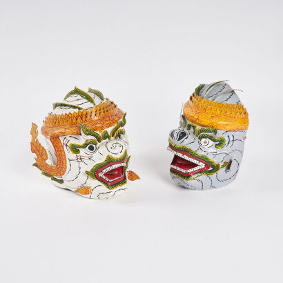 A Pair of Paper Mache South-East Asian Masks