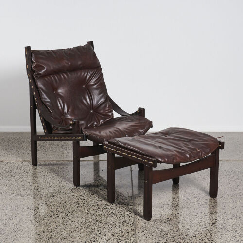 A High Back Mid Century Hunter/Safari Chair With Ottoman