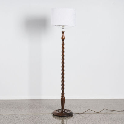 Wooden Colonial Twist Floor Lamp With Pacific Tapa Linen Shade
