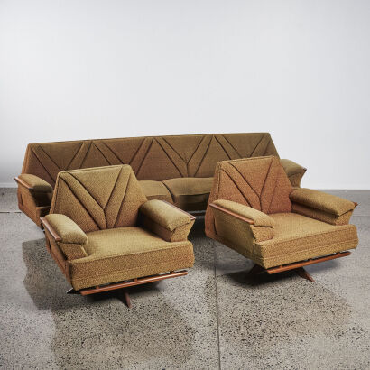 An Original Mid Century Lounge Suite Banana Style Couch And Two Swivel Armchairs