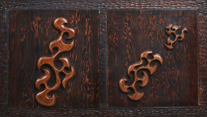 A Carved Wall Panel Mounted Rock/Cave Carving With Adzed Boarder