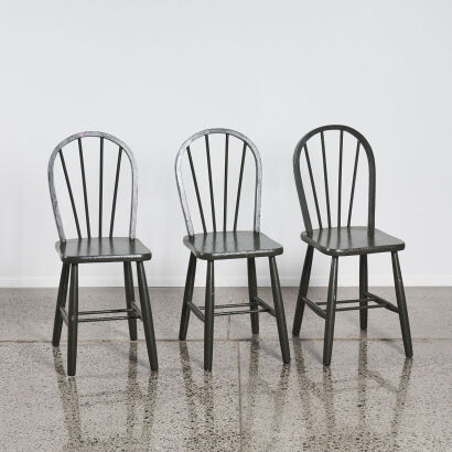 A Set Of Three Vintage Spindle Back Chairs Forest Green