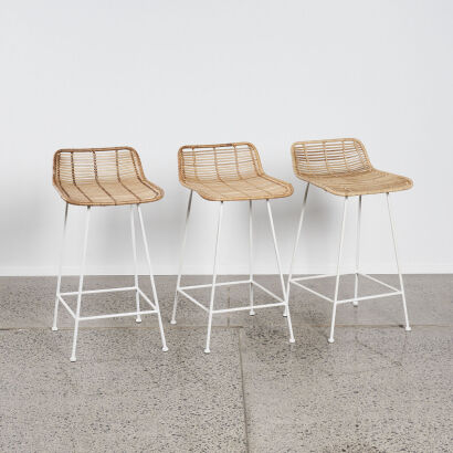 A Set of Three Wicker and Steel Barstools