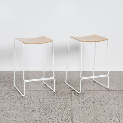 A Pair of Cintesi Bar Stools White Frame With Plywood Seat
