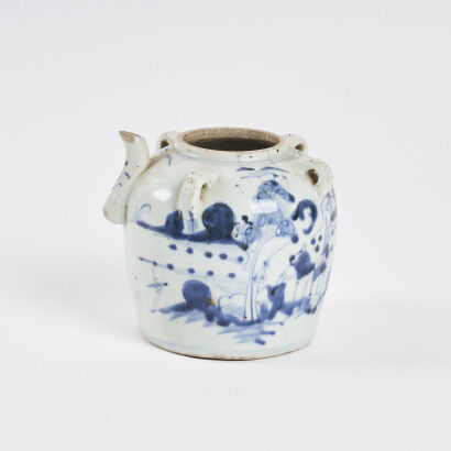 A Chinese Qing-Dynasty Blue and White 'Landscape' Pot (chip on spout, missing lid, hairline)