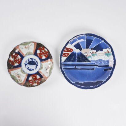 A Set of Two Japanese Meiji Period Underglaze-Blue and Iron-Red 'Mount Fuji' Dish & Imari Dish