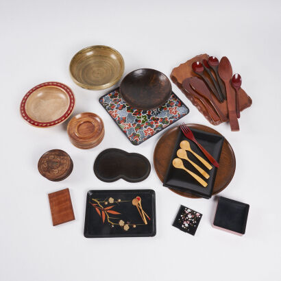 A Group of Japanese Wooden Dishes and Spoons