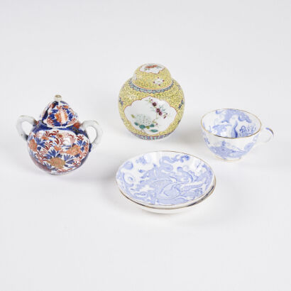 A Small Chinese Famille Rose 'Floral' Lidded Jar, An Imari Two-Handle Lidded Jar & A Blue and White 'Dragon' Dish