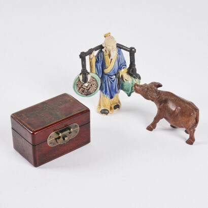 A Chinese Pottery Figure, A Wooden Box & A Small Carved Figure of Bull