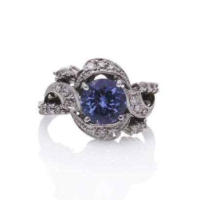 Modern Tanzanite and Diamond Ring in 14ct White Gold