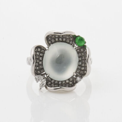 18ct White Gold, Jade and Diamond Ring