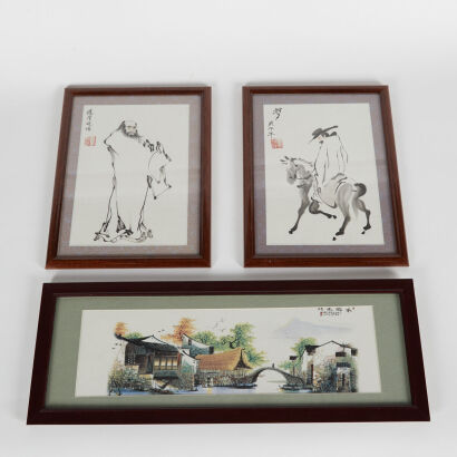 Two Chinese 'Figural' Paintings (ink on paper) & A Chinese Enamelled Porcelain 'Landscape' Plaque