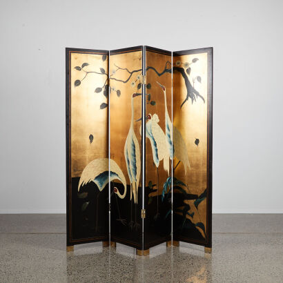 A Chinese Balck Lacquered Gilt Four-Fold 'Crane' Screen