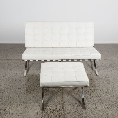 A Mies Van Der Rohe’s Replica Barcelona White Two Seater Couch & Ottoman