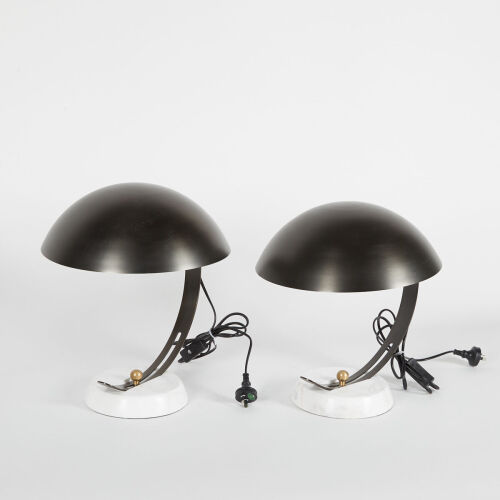 A Pair Of Mid Century Style Lamps Marble Base And Black Shade