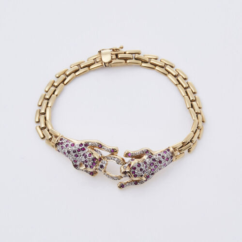 18ct Yellow Gold Ruby and Diamond Leopard Bracelet