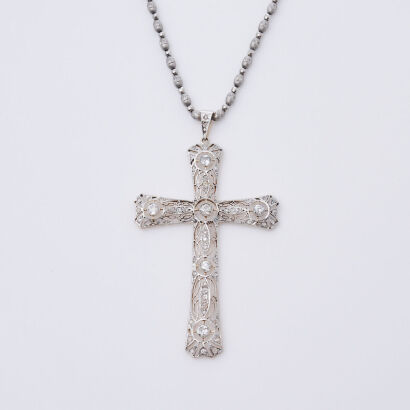18ct White Gold and Platinum Edwardian Diamond Cross Pendant