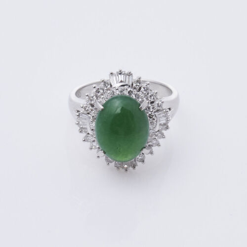 Platinum Oval Cabochon Jade and Diamond Halo Ring