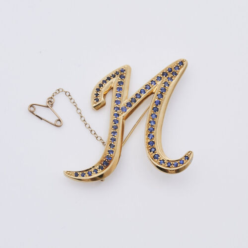 18ct Stylised Letter "N" Sapphire Brooch