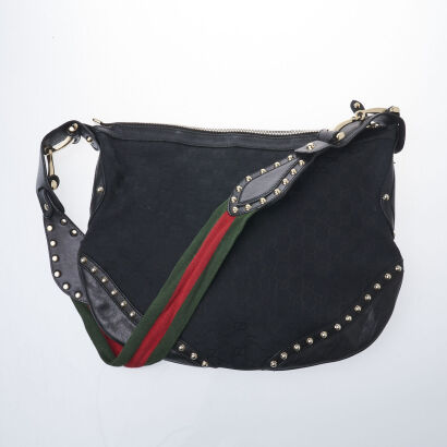 Gucci Black Monogram Web Studded Hobo Bag