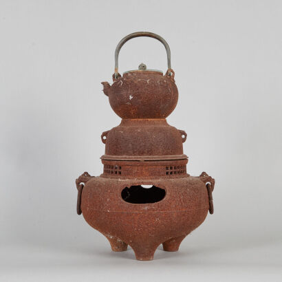 A Large Antique Japanese Meiji Period Metal Teapot with a charcoal burner