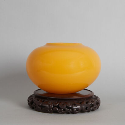 A Large Chinese Qing Dynasty Beijing Glass Yellow Washer (with original rosewood stand and original S Marchant 1950&rsquo;s purchase receipt)