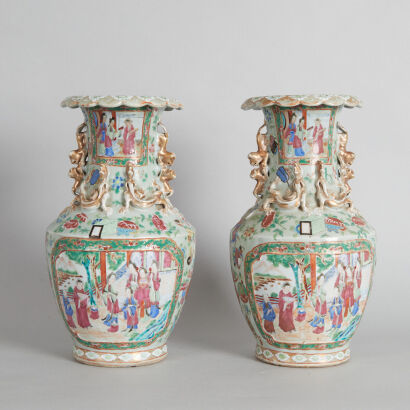 A Pair of Chinese Mid Qing-Dynasty Canton Famille Rose 'Figural' Two-Handled Vases