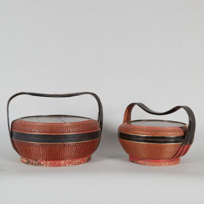 Two Chinese Qing-Dynasty Black Lacquered Gilt Bamboo Weaving Baskets