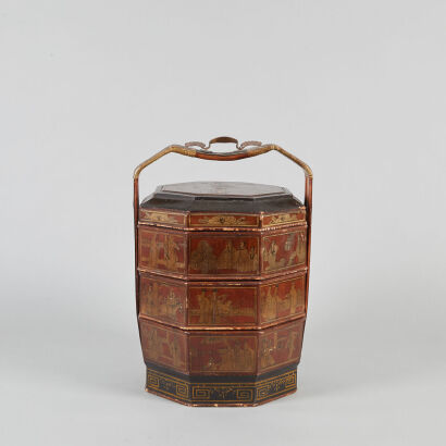 A Large Qing-Dynasty Chinese Black Lacquered Gilt Three-Layer 'Figural' Octagonal Basket