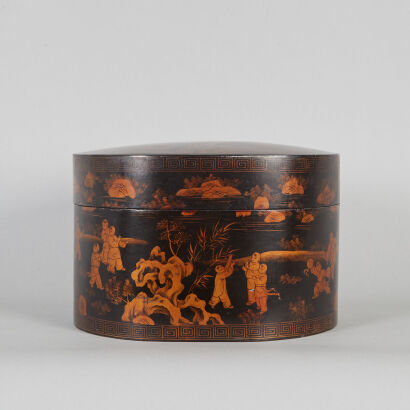 A Chinese Black Lacquered Gilt Rounded Box decorated with feature scenes of young boys at play