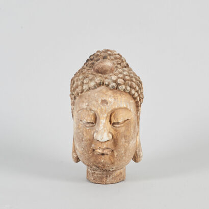 A Carved Chinese Ming to Qing-Dynasty Wood Head of Guanyin