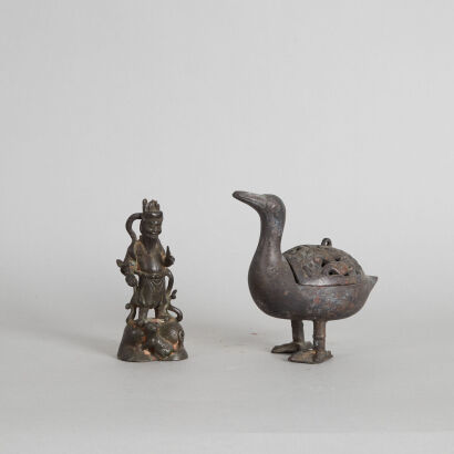 A Chinese Late Ming to Early Qing-Dynasty Bronze Buddha & A Bronze 'Duck' Incense Burner