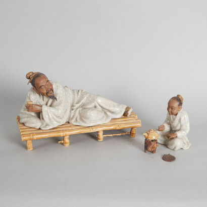 A Chinese Foshan Pottery Figure of Lu Yu (the sage of tea)