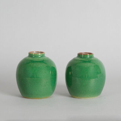 A Pair of Chinese Mid Qing-Dynasty Green-Glazed Jars