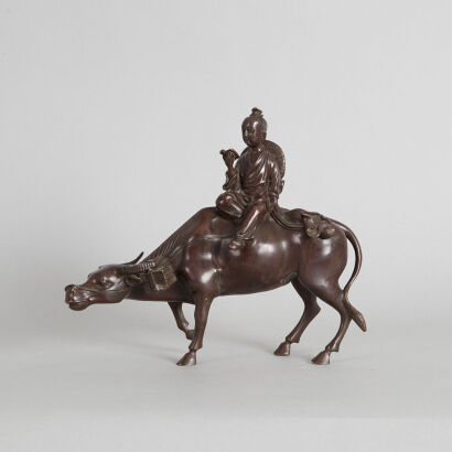 A Chinese 19 Century Qing-Dynasty Bronze Figure of Boy and Buffalo