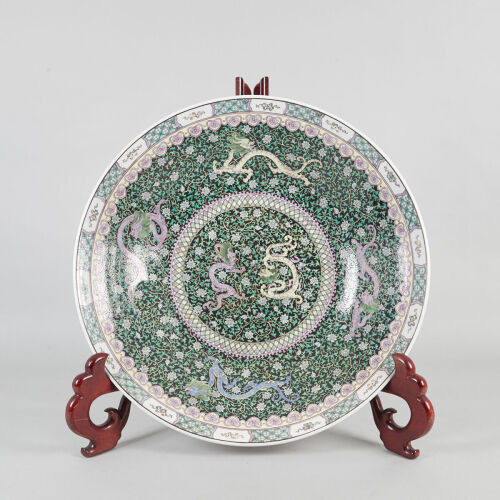 A Large Chinese Early to Mid 20th Century Black-Ground Famille-Noire 'Dragon' Charger (Blue-Enamelled Kangxi Yu Zhi Mark)